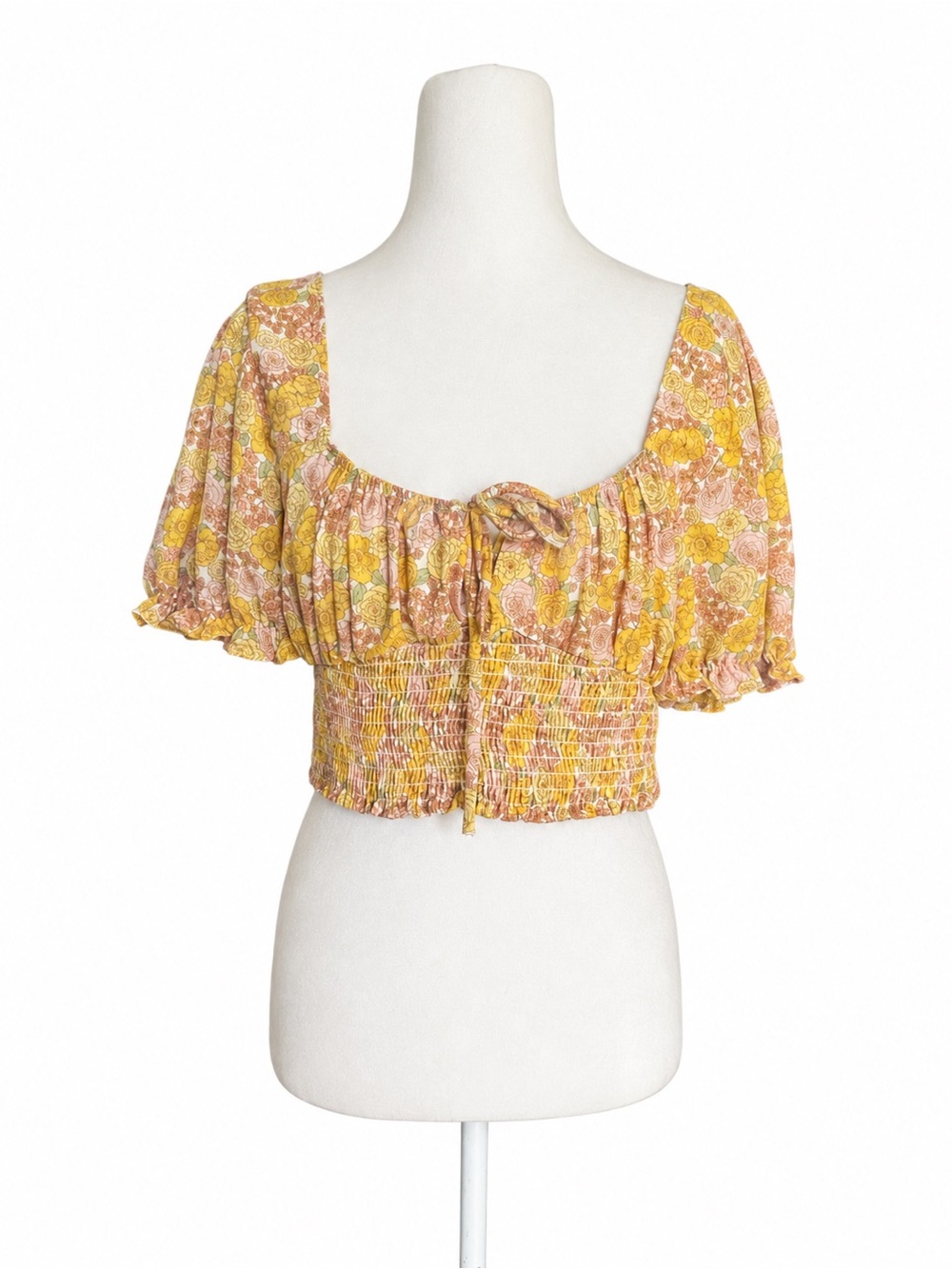Le Lis Floral Smocked Crop Top Size S Yellow Pink Boho Puff Sleeve‎ Peasant Tie